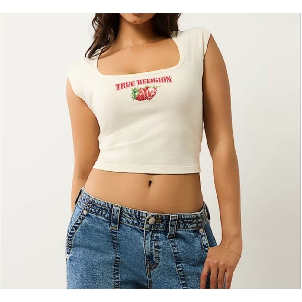 True Religion Womens Square Neck Crystal Strawberry Cropped Baby Tee Tshirt Sz L